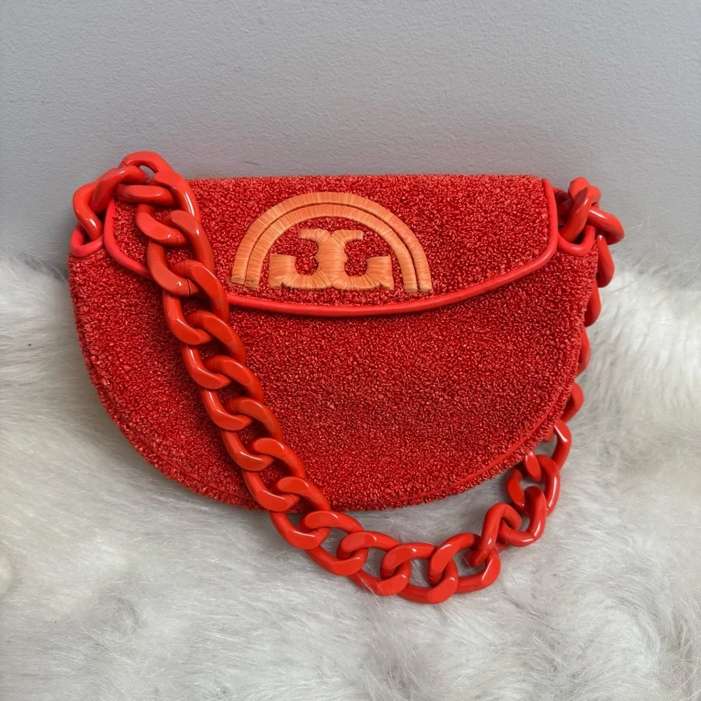 Tory Burch Mini Fleming Raffia Crescent Shoulder Bag